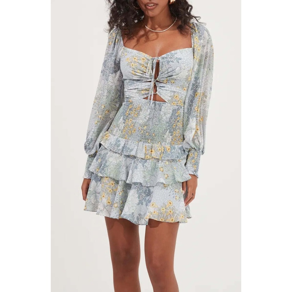 ASTR The Label Marietta Dress Blue Multi Floral Smocked Tiered Mini Dress Medium